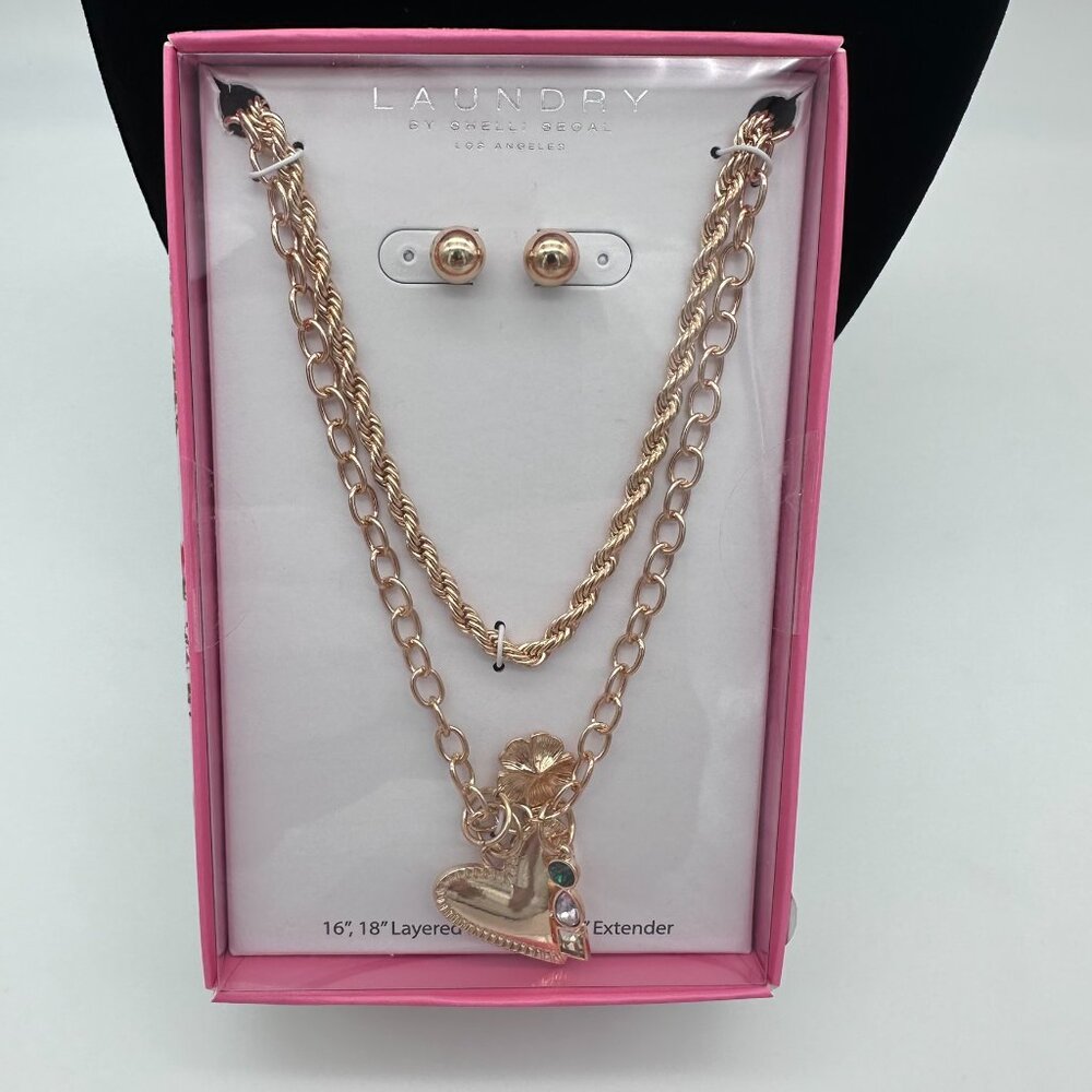 Laundry by Shelli Segal 16" & 18" Gold Tone Layered Necklace & Stud Earring Set